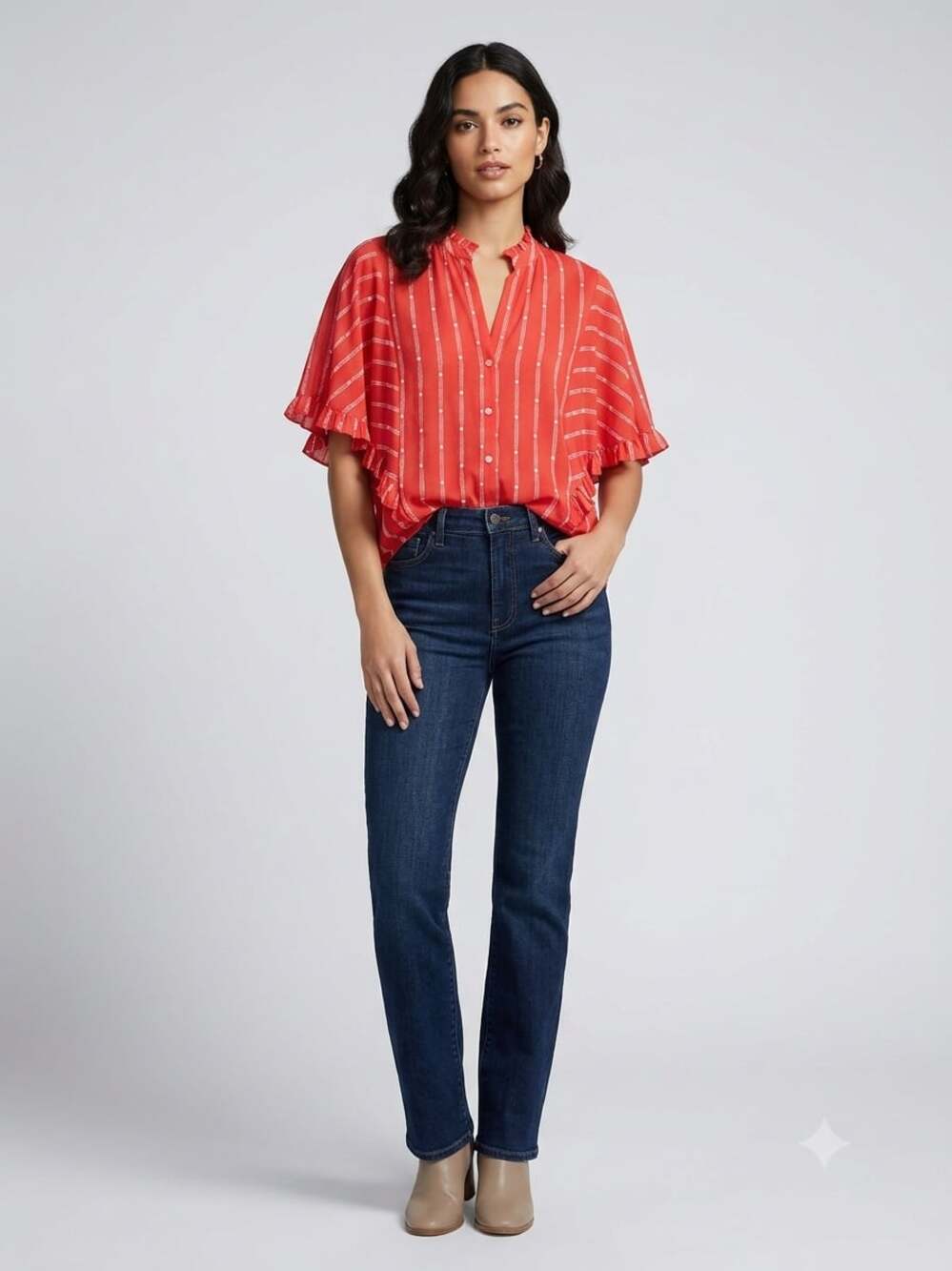 Maeve Anthropologie Flutter-Sleeved Red White Striped Button-Down Blouse